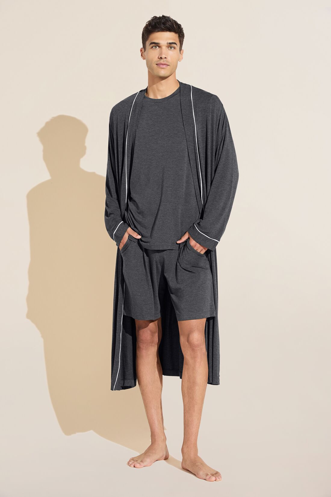 Model wears William TENCELâ„¢ Modal Robe in Charcoal Heather/Ivory.