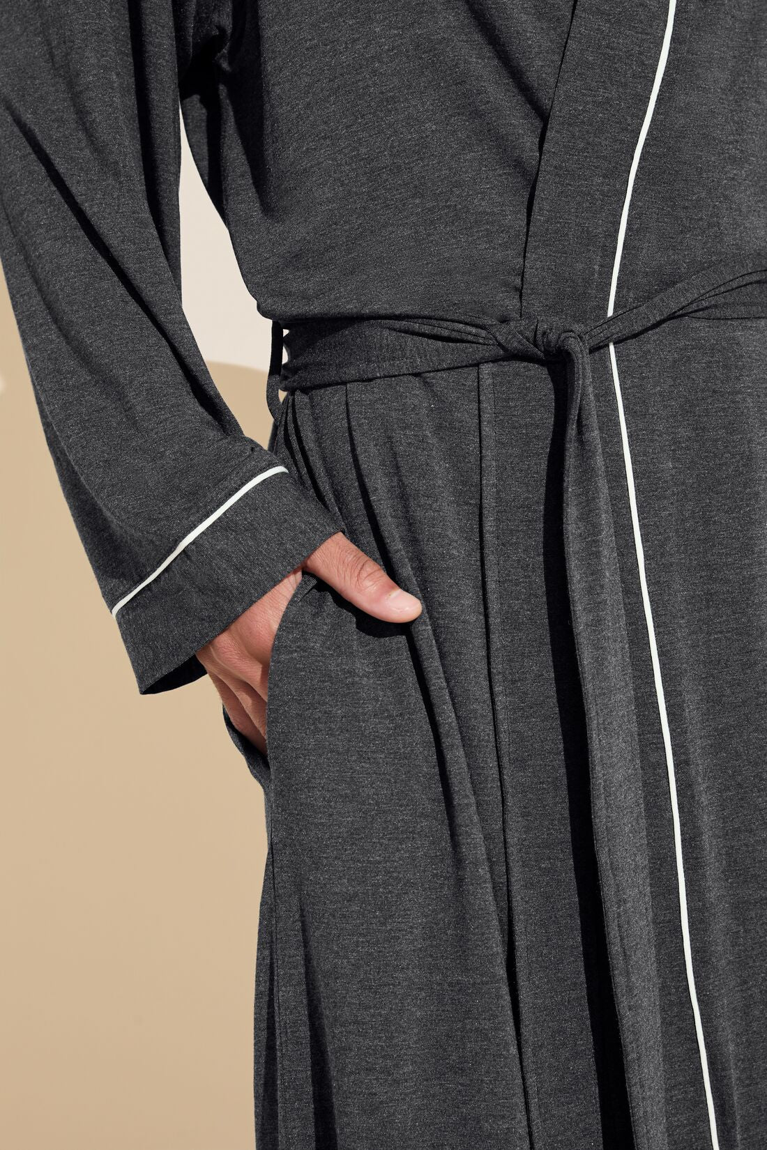 Model wears William TENCELâ„¢ Modal Robe in Charcoal Heather/Ivory.
