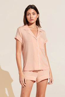 Model wears Model wears Gisele TENCELâ„¢ Modal Shortie Short PJ Set in peach parfait/ivory.
