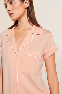 Model wears Model wears Gisele TENCELâ„¢ Modal Shortie Short PJ Set in peach parfait/ivory.