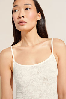 Model wears Soft Stretch Recycled Lace Slip in Ivory.
