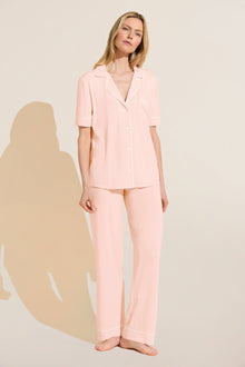 Model wears Gisele TENCELâ„¢ Modal Short Sleeve & Pant PJ Set in petal pink/ivory.