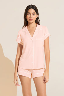 Model wears Model wears Gisele TENCELâ„¢ Modal Shortie Short PJ Set in petal pink/ivory.