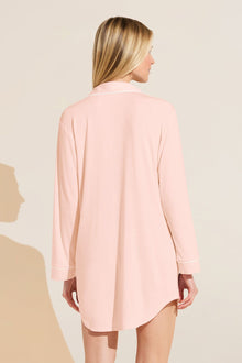 Model wears Gisele TENCELâ„¢ Modal Sleepshirt in petal pink/ivory.