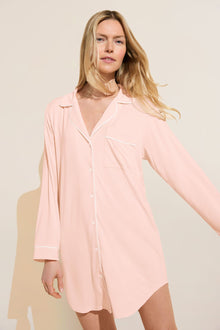 Model wears Gisele TENCELâ„¢ Modal Sleepshirt in petal pink/ivory.