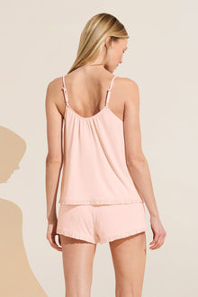 Model wears Gisele TENCELâ„¢ Modal Ruffle Cami & Shortie Short Set in petal pink.