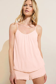 Model wears Gisele TENCELâ„¢ Modal Ruffle Cami & Shortie Short Set in petal pink.