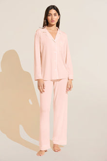 Model is Wearing the Gisele TENCELâ„¢ Modal Long PJ Set in Petal Pink/Ivory.