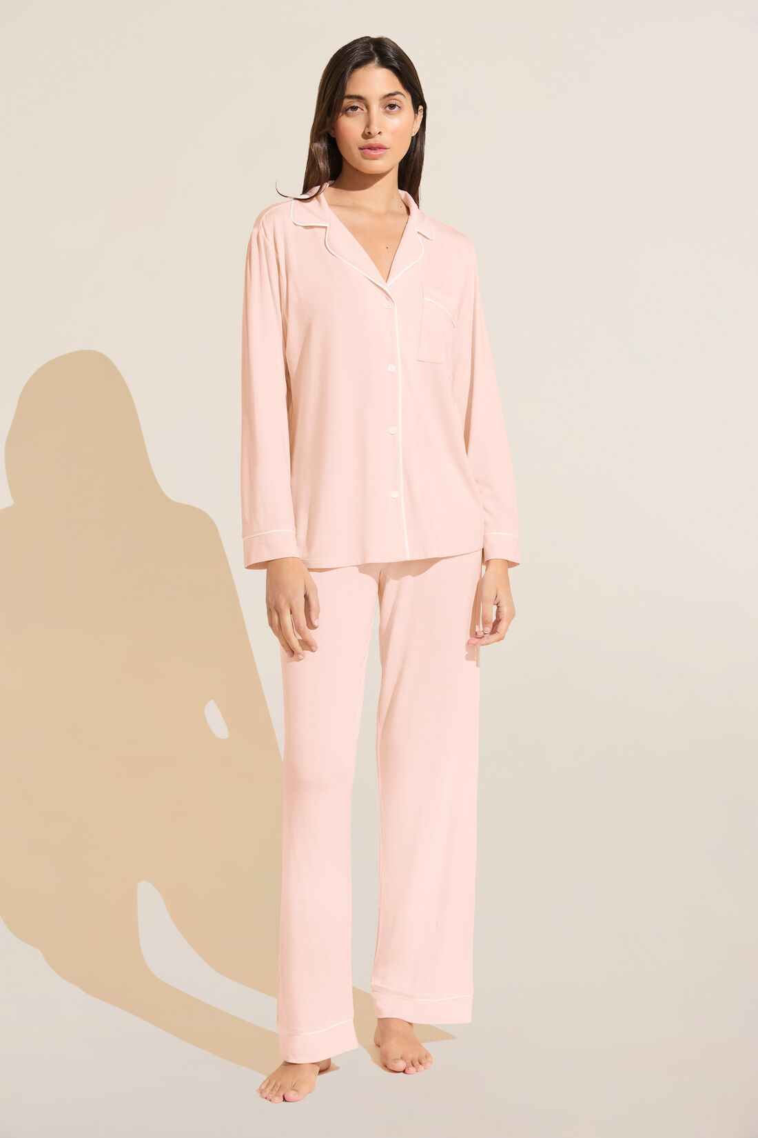 Model is Wearing the Gisele TENCELâ„¢ Modal Long PJ Set in Petal Pink/Ivory.
