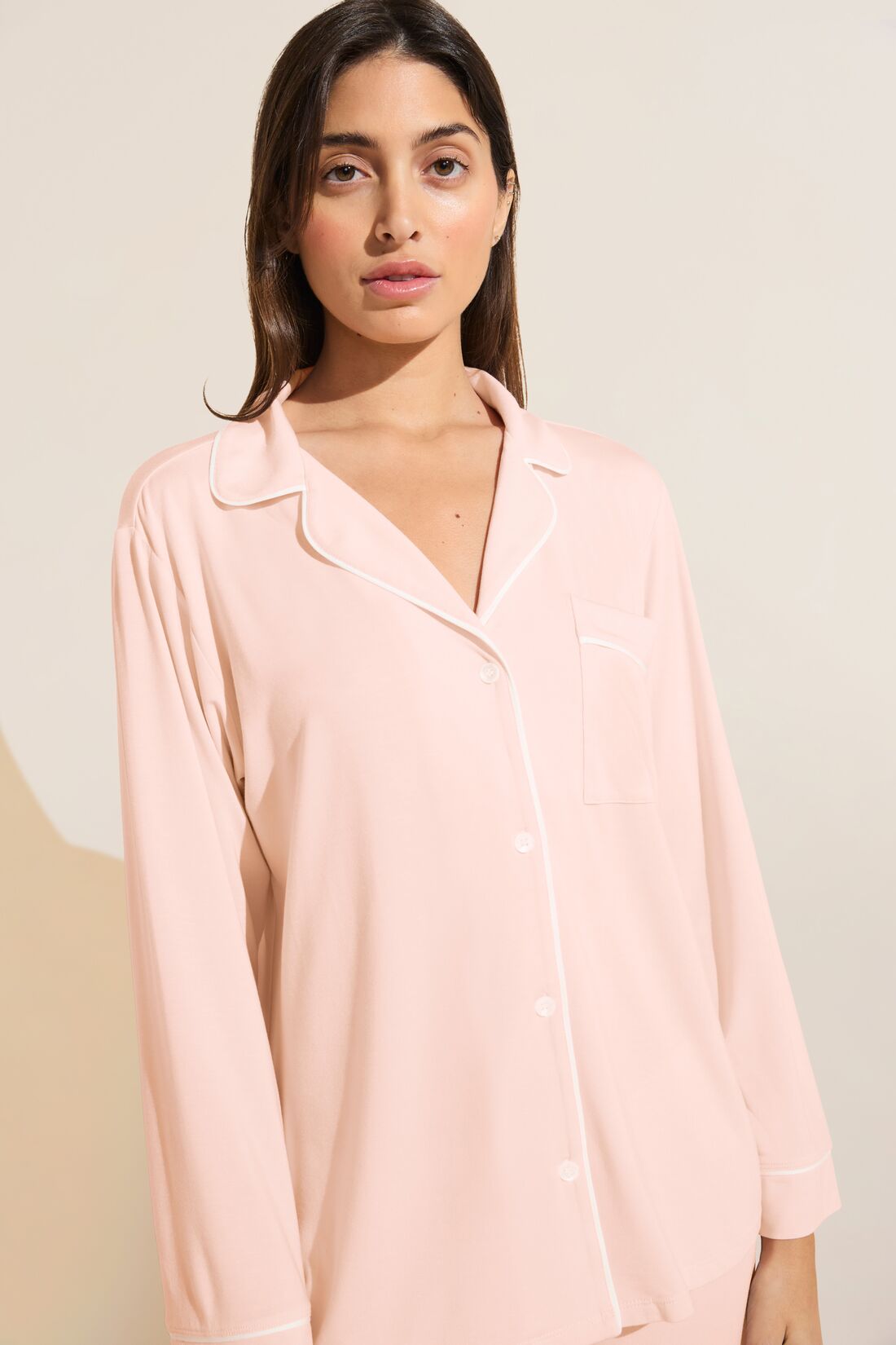 Model is Wearing the Gisele TENCELâ„¢ Modal Long PJ Set in Petal Pink/Ivory.