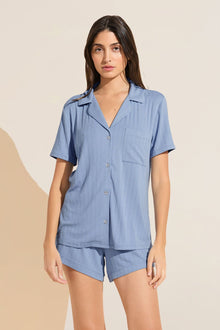 Model wears Gisele TENCELâ„¢ Modal Rib Relaxed Short PJ Set in wedgewood blue.