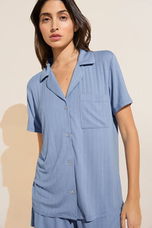 Model wears Gisele TENCELâ„¢ Modal Rib Relaxed Short PJ Set in wedgewood blue.