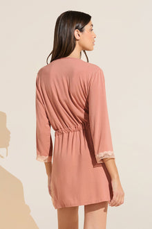 Model wears Flora TENCELâ„¢ Modal 3/4 Sleeve Robe in Pink Rouge/Rose.