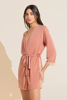 Model wears Flora TENCELâ„¢ Modal 3/4 Sleeve Robe in Pink Rouge/Rose.