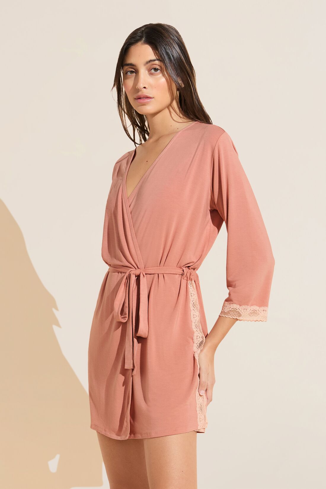 Model wears Flora TENCELâ„¢ Modal 3/4 Sleeve Robe in Pink Rouge/Rose.