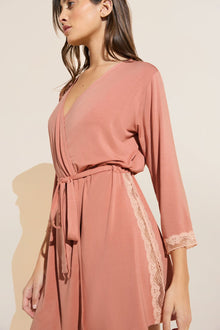Model wears Flora TENCELâ„¢ Modal 3/4 Sleeve Robe in Pink Rouge/Rose.