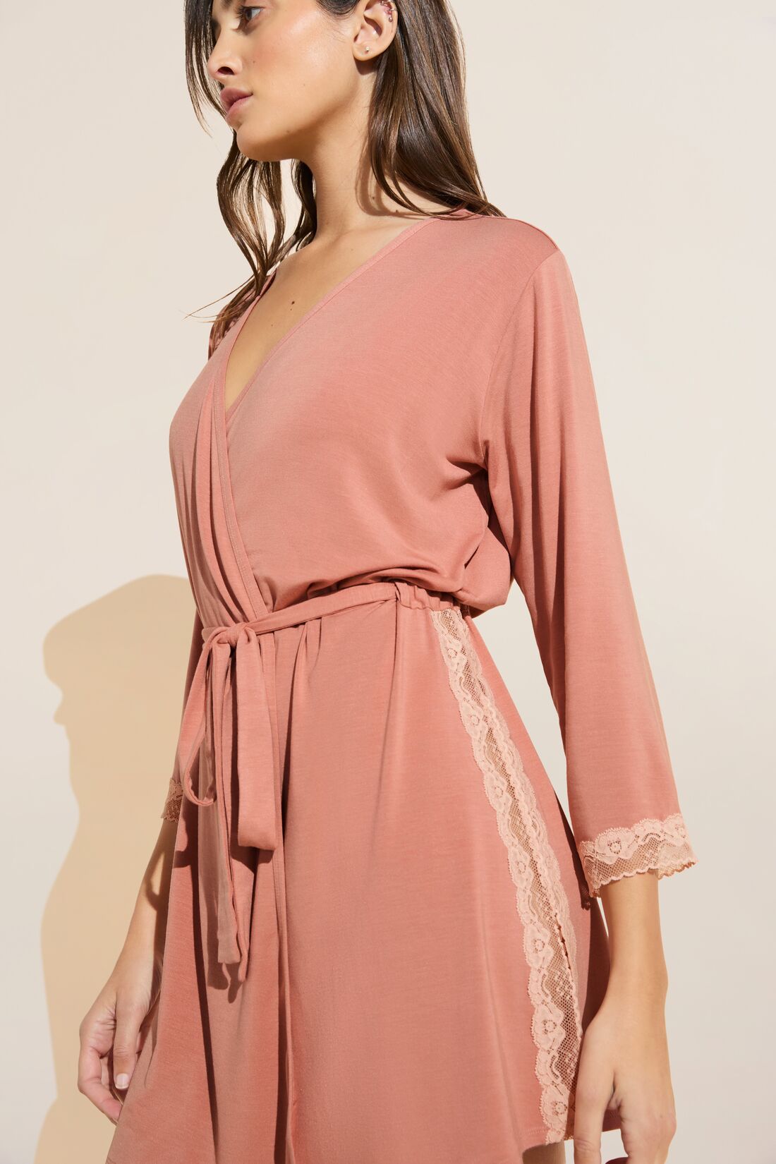 Model wears Flora TENCELâ„¢ Modal 3/4 Sleeve Robe in Pink Rouge/Rose.