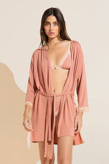 Model wears Flora TENCELâ„¢ Modal 3/4 Sleeve Robe in Pink Rouge/Rose.