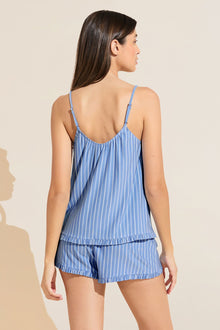 Model wears Gisele TENCELâ„¢ Printed Modal Ruffle Cami & Shortie Short Set in Nordic Stripes Vista Blue.