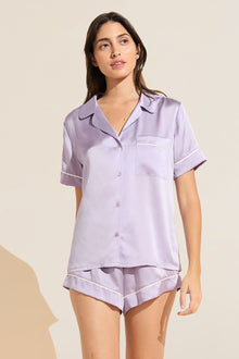 Model wears Inez Washable Silk Short PJ Set in Orchid Petal/Ivory.