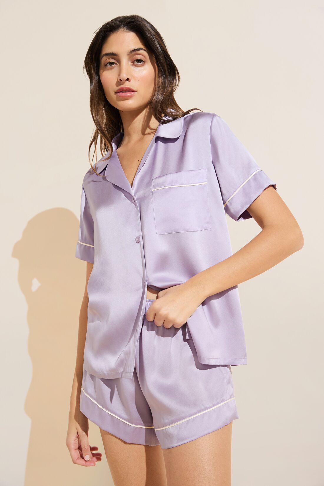 Model wears Inez Washable Silk Short PJ Set in Orchid Petal/Ivory.