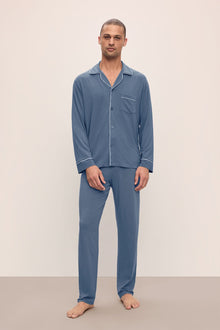 Model wears William TENCEL Modal Long PJ Set in Coastal Blue/Ice Blue.