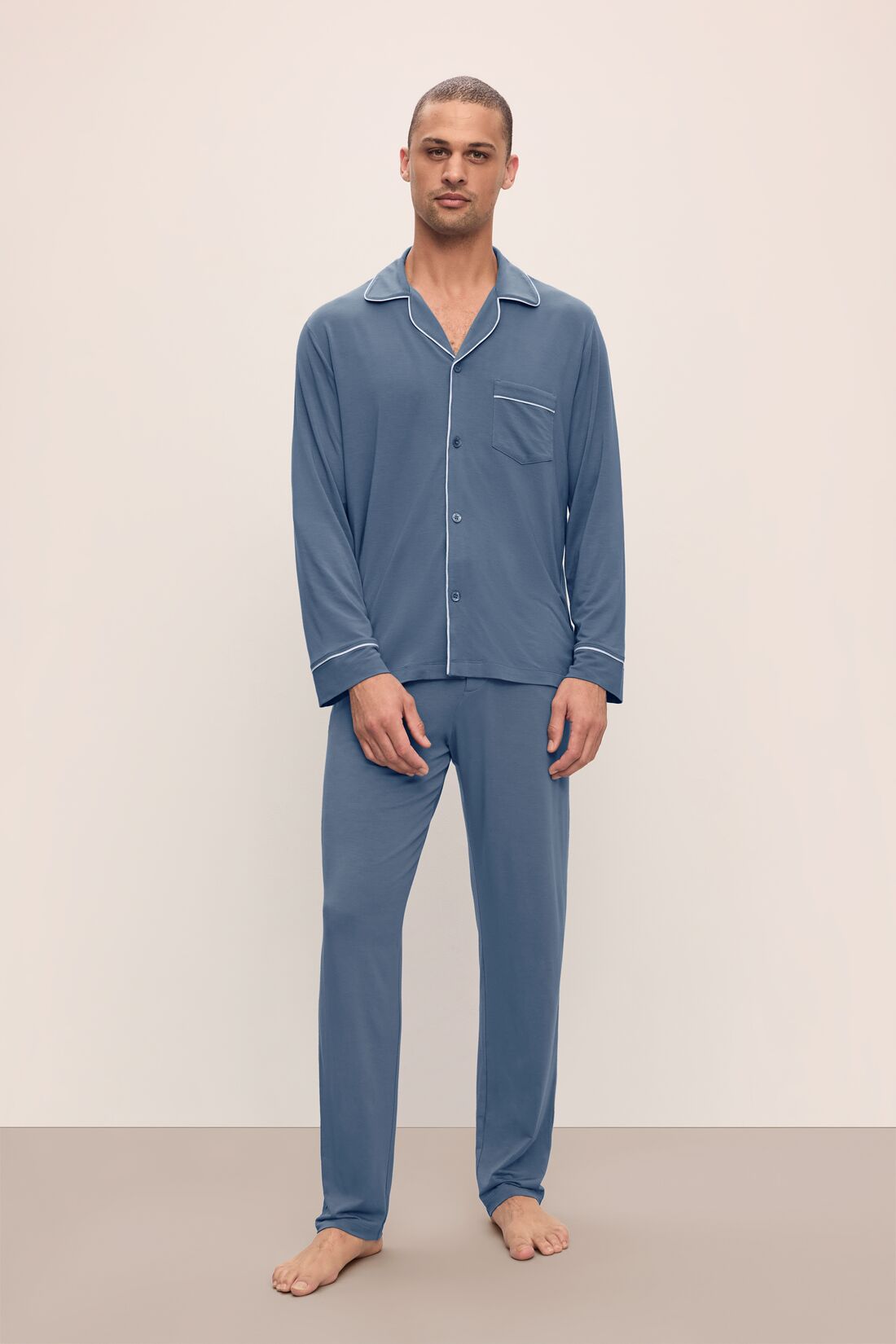 Model wears William TENCEL Modal Long PJ Set in Coastal Blue/Ice Blue.