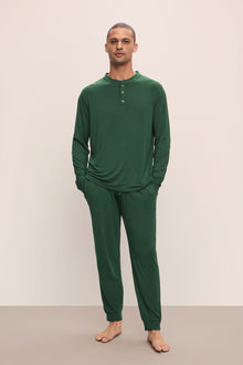 Model wears Henry TENCELâ„¢ Modal Long PJ Set in Forest Green.