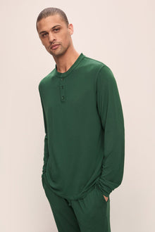 Model wears Henry TENCELâ„¢ Modal Long PJ Set in Forest Green.