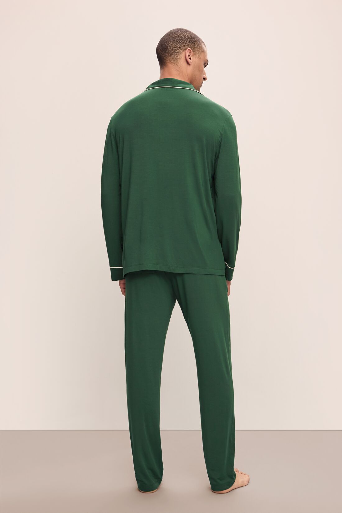 Model wears William TENCELâ„¢ Modal Long PJ Set in Forest Green/Ivory.