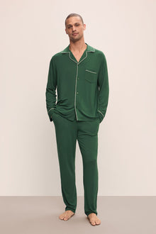 Model wears William TENCELâ„¢ Modal Long PJ Set in Forest Green/Ivory.
