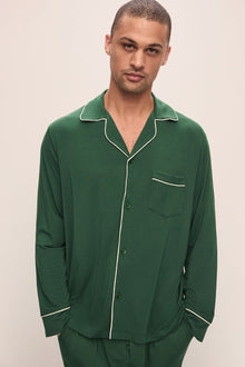 Model wears William TENCELâ„¢ Modal Long PJ Set in Forest Green/Ivory.