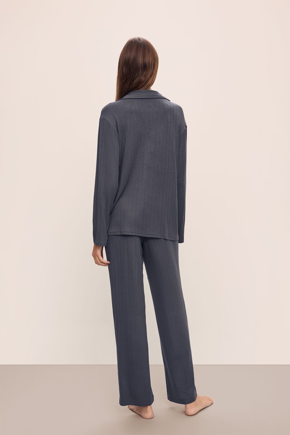 Model wears Gisele TENCELâ„¢ Modal Rib Long PJ Set in Graphite.