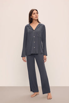 Model wears Gisele TENCELâ„¢ Modal Rib Long PJ Set in Graphite.