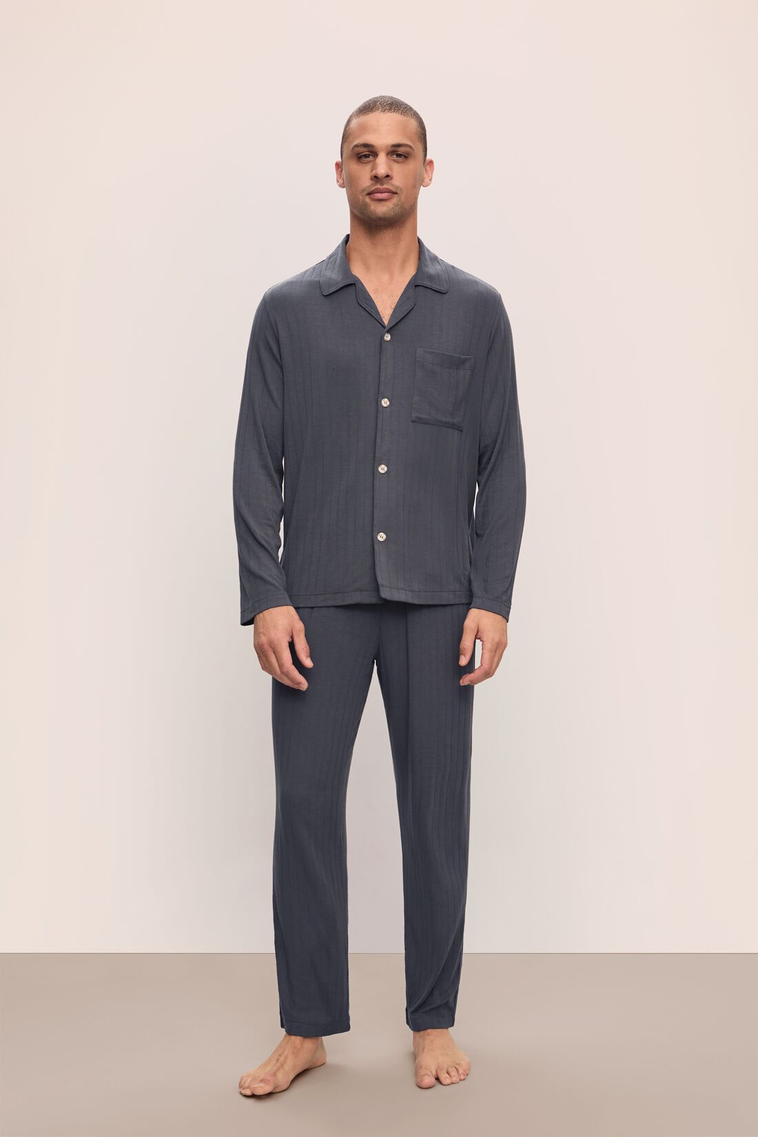 Model wears William TENCEL Modal Rib Long PJ Set in Graphite.