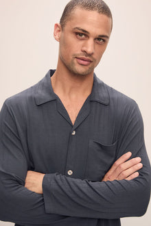Model wears William TENCEL Modal Rib Long PJ Set in Graphite.