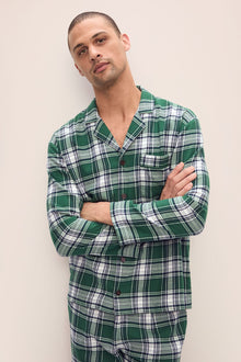 Model wears Men's Flannel Long PJ Set in Tartan Plaid Forest Green.