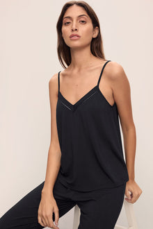 Model wears Fiona TENCEL Modal Cami & Pant PJ Set in black.