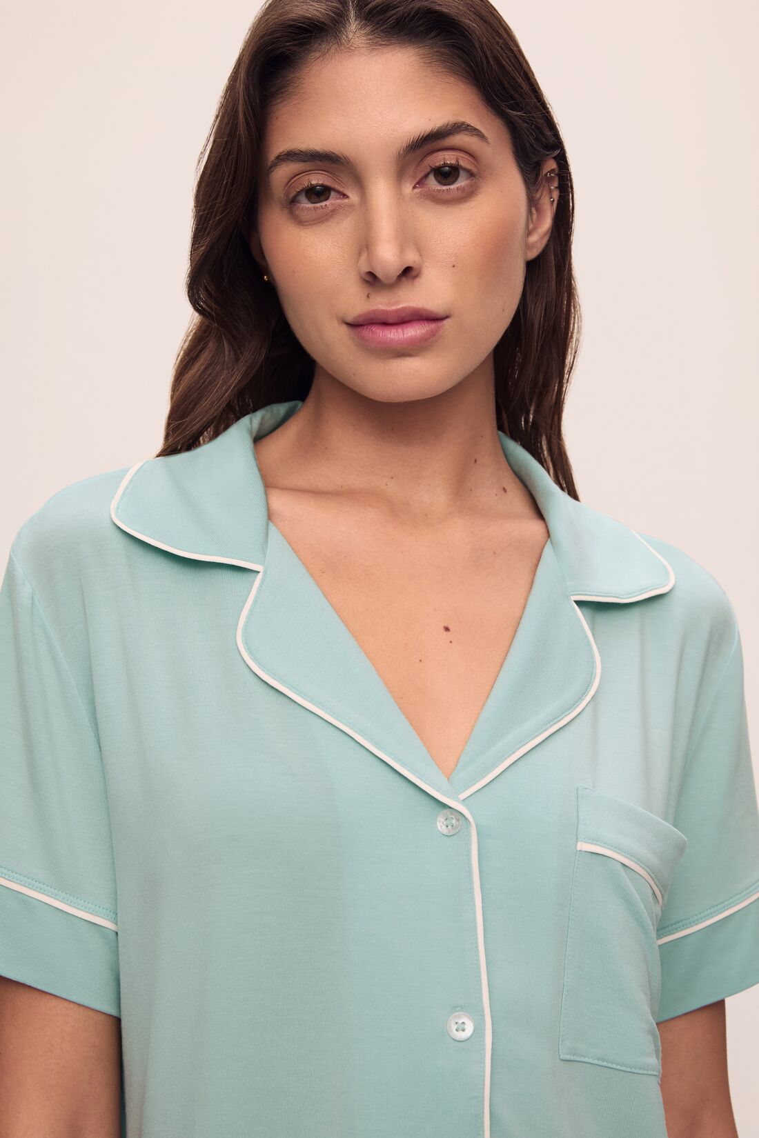 Model is wearing Gisele TENCEL Modal Relaxed Short PJ Set in Canal Blue/Ivory