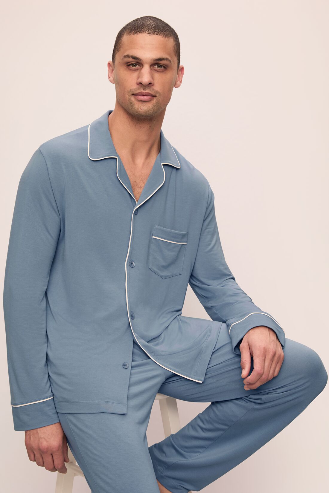 Model is wearing William TENCEL Modal Long PJ Set in Faded Denim/Ivory