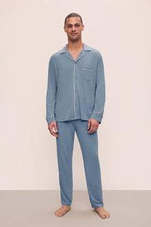 Model is wearing William TENCEL Modal Long PJ Set in Faded Denim/Ivory