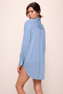 Model wears Gisele TENCEL Modal Boyfriend Sleepshirt in wedgewood blue.