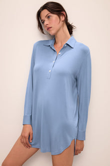 Model wears Gisele TENCEL Modal Boyfriend Sleepshirt in wedgewood blue.