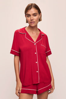 Model wears the Gisele TENCELâ„¢ Modal Relaxed Short PJ Set in Haute Red/Ivory.