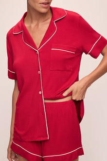 Model wears the Gisele TENCELâ„¢ Modal Relaxed Short PJ Set in Haute Red/Ivory.
