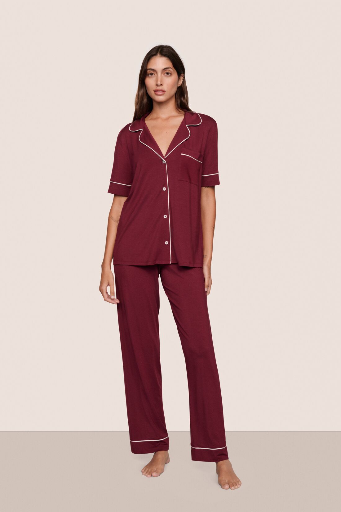 Model is wearing Gisele TENCEL Modal Short Sleeve & Pant PJ Set  in Bordeaux/Ivory