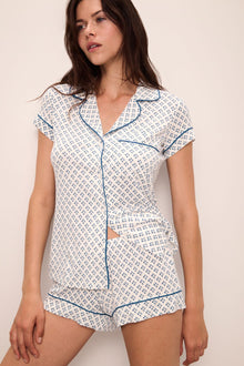 Model wears Gisele Printed TENCEL Modal Shortie Short PJ Set in Petite Batik Ivory/Denim Blue.