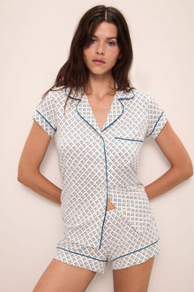Model wears Gisele Printed TENCEL Modal Shortie Short PJ Set in Petite Batik Ivory/Denim Blue.