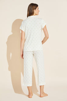 Model wears Gisele Printed TENCELâ„¢ Modal Short Sleeve Cropped PJ Set in Palm/Bellini.