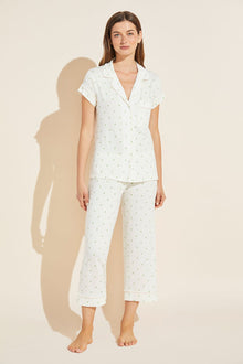 Model wears Gisele Printed TENCELâ„¢ Modal Short Sleeve Cropped PJ Set in Palm/Bellini.